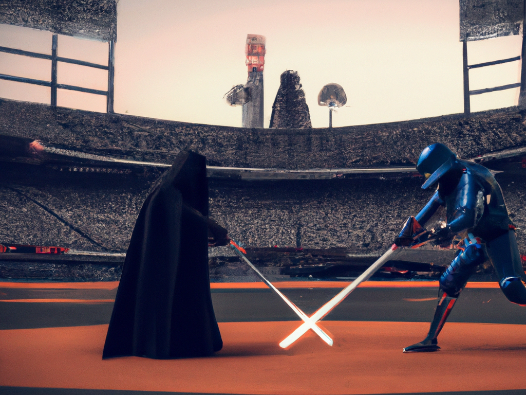 sith and inquisitor fighting at a baseball field