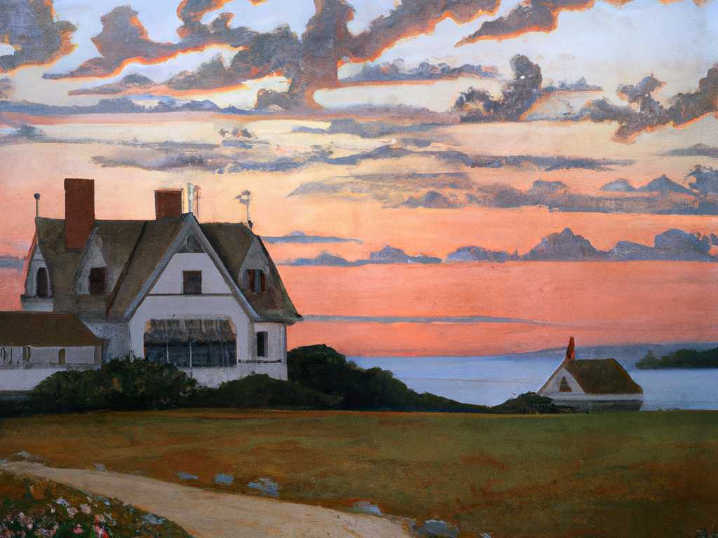 martha's vineyard shingles home sunset by the water painted by thomas cole