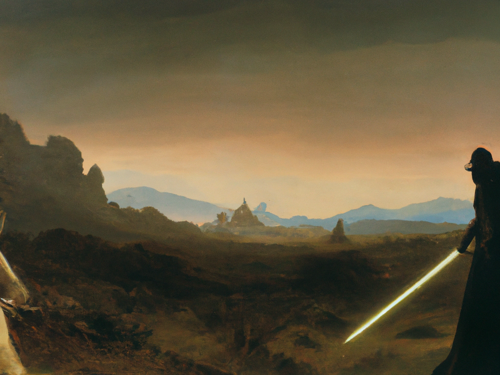  jedi with lightsabers in the far distance, painted by Frederic Edwin Church