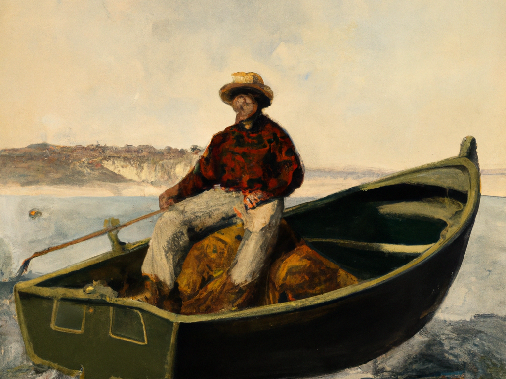 fisherman on a boat in martha's vineyard painted (in the style of winslow homer)
