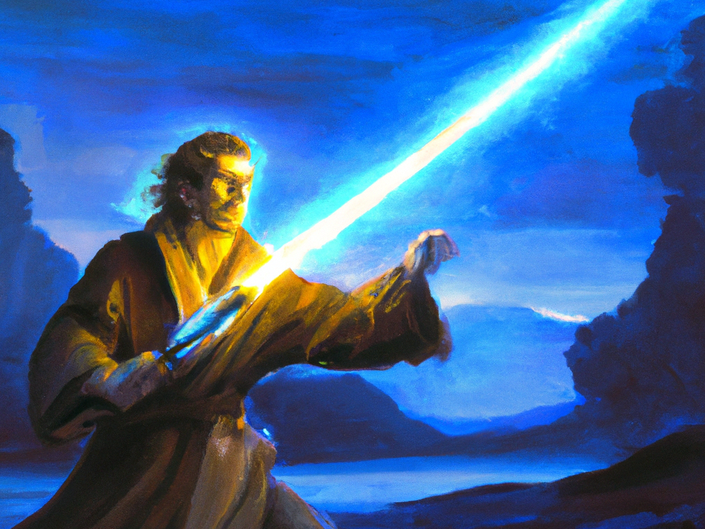 jedi with blue lightsaber ignited, painted by thomas cole