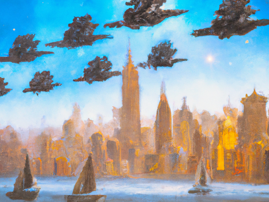 painting of star wars ships over nyc